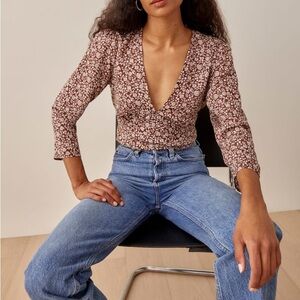 Reformation Brown Floral Deep V-Neck Plunge Blouse